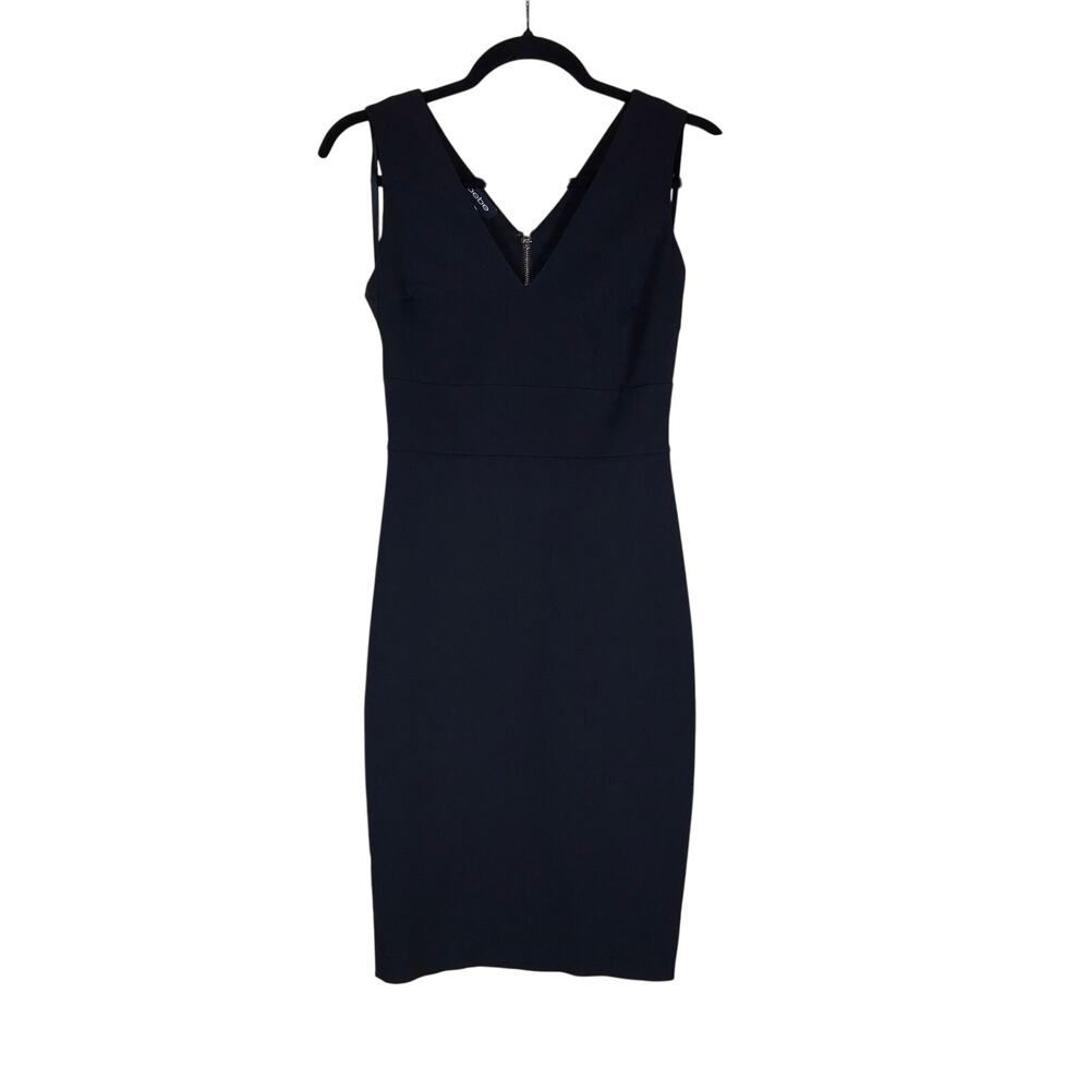 Bebe Dress Women’s 2 Black Bodycon Knee Length V Neck Zip Back Formal Elegant